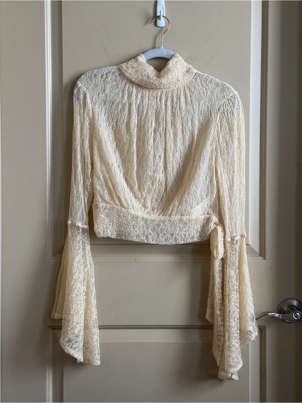 Free People sheer lace turtleneck flounce sleeve blouse